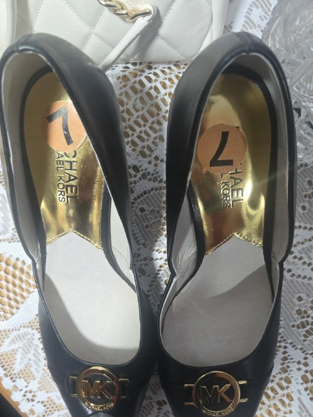 Michael Kors Black Peep-Toe Wedge with Gold MK Emblem